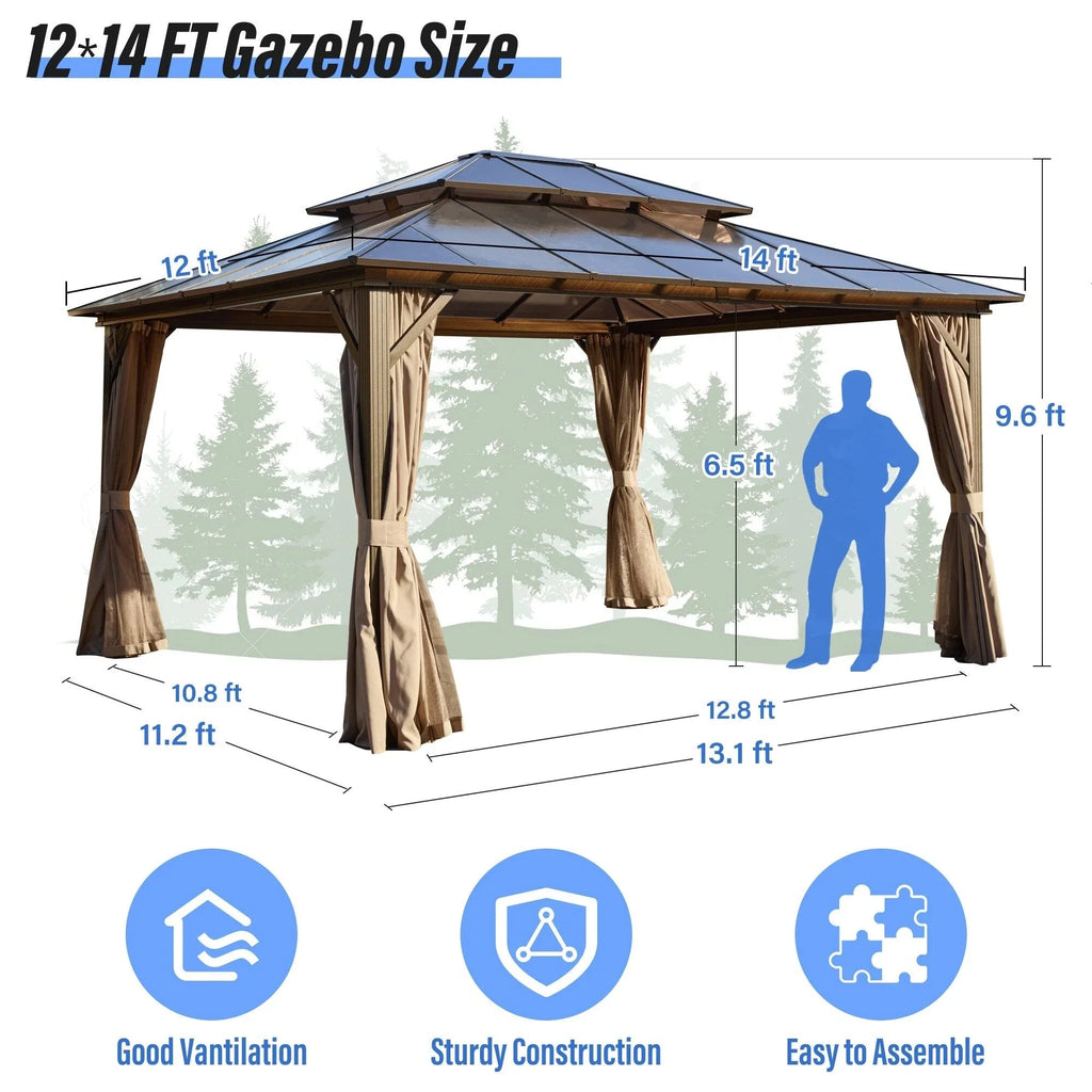 EROMMY hardtop-paviljoen, pergola voor buiten met dubbel dak, netten en gordijnen, extra stevig zonnescherm voor terras, achtertuin en zwembadfeest