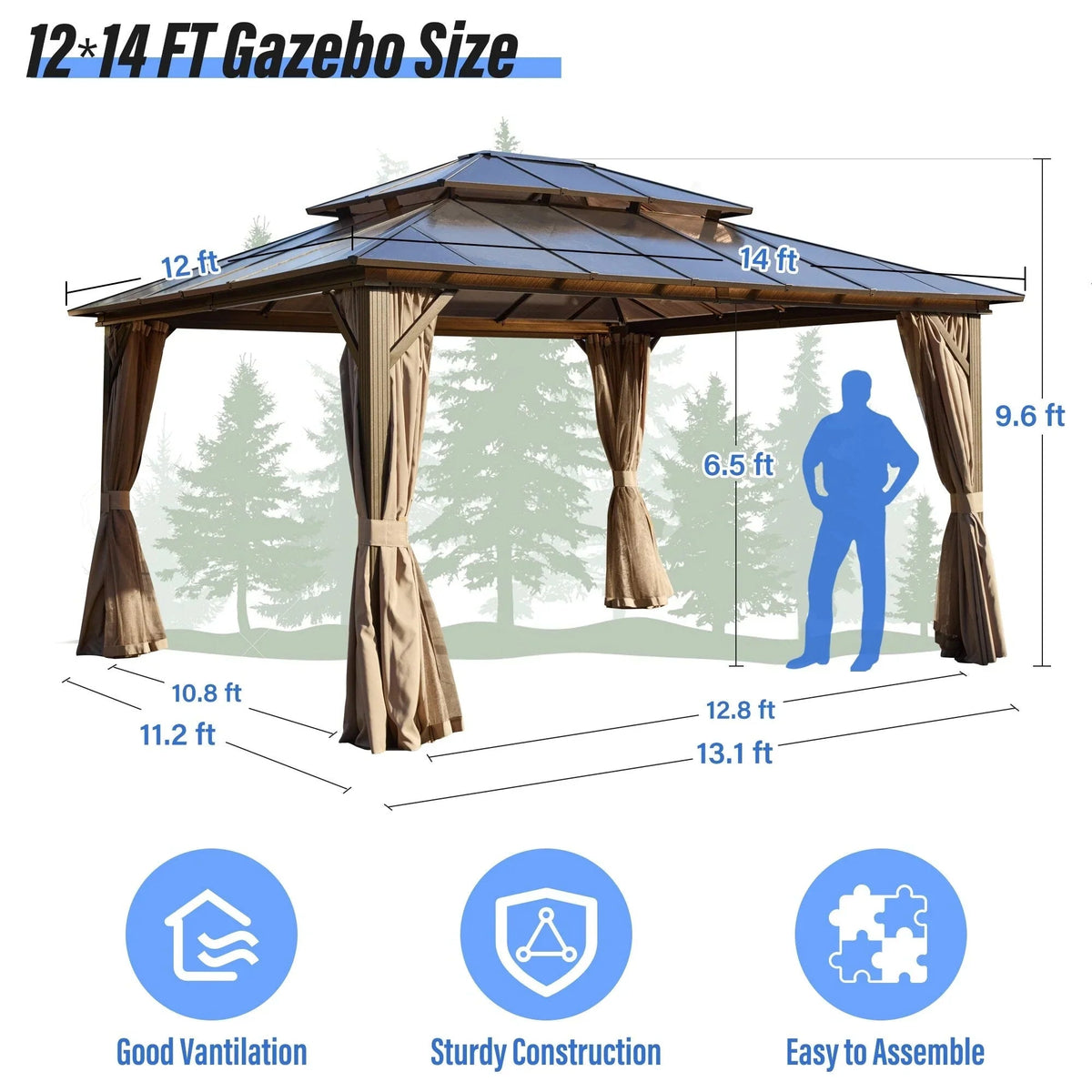 EROMMY hardtop-paviljoen, pergola voor buiten met dubbel dak, netten en gordijnen, extra stevig zonnescherm voor terras, achtertuin en zwembadfeest