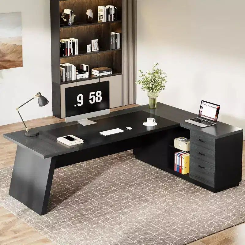 Moderner Lantine-Chefschreibtisch in L-Form, 78 L, mit Schubladen und seitlichem Aktenschrank