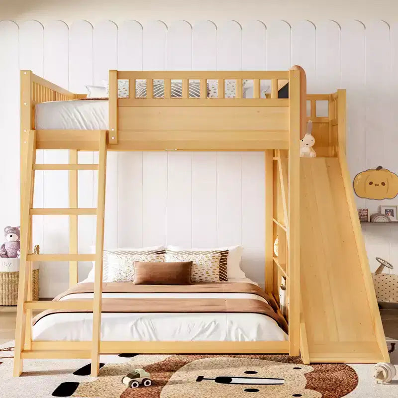 Lit mezzanine Bellemave avec tête de lit rembourrée et étagères de rangement, cadre en bois massif avec échelle et toboggan pour enfants
