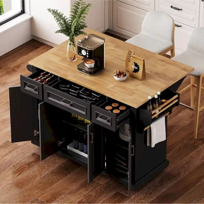 Isola da cucina grande da 54  con piano ribaltabile in legno di caucciù, carrello da cucina con texture in rilievo, 4 ruote, 4 ante e 3 cassetti