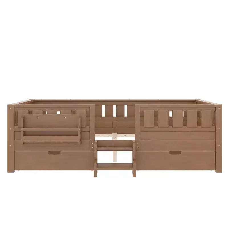 Lit pour enfant Bellemave format queen avec 14 barrières de sécurité, cadre de lit compact avec bibliothèque intégrée et 2 tiroirs de rangement sous le lit