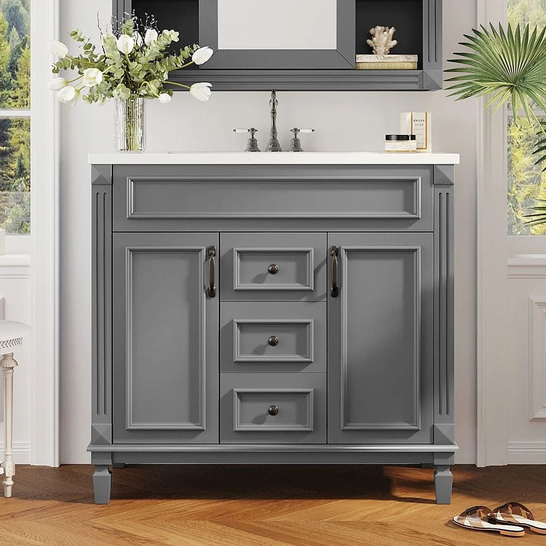 Mobile bagno moderno da 36 con lavabo integrato e specchiera, 2 ante e 2 cassetti