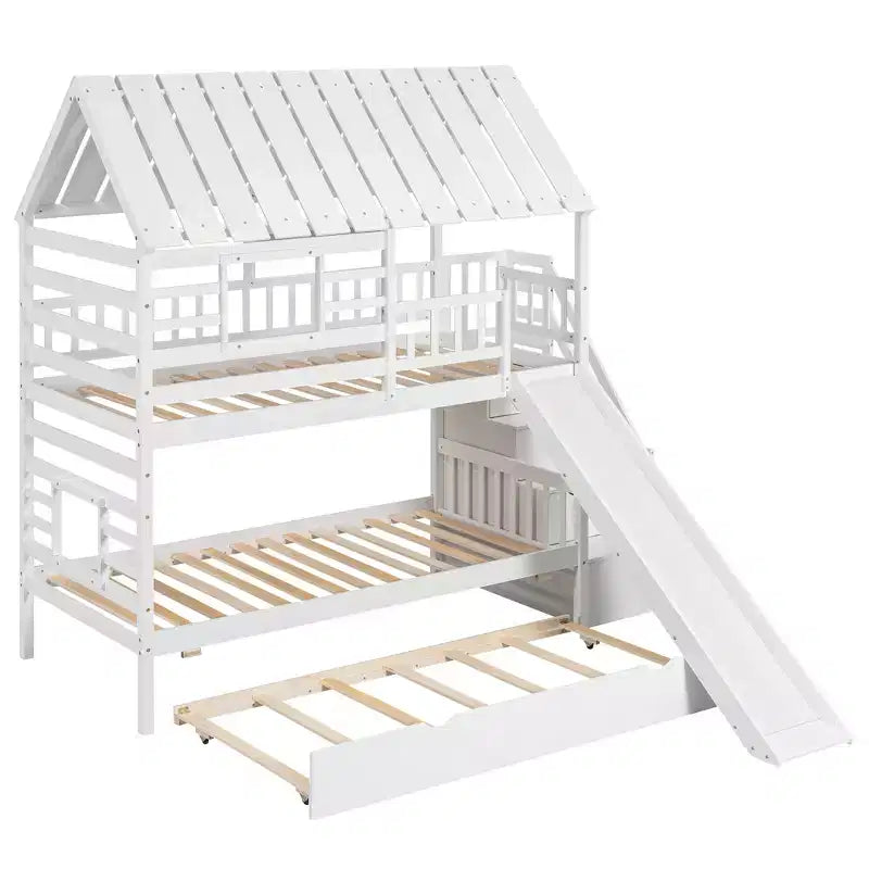 Whisen Twin over Twin House Bunk Bed with Trundle and Slide, Storage Staircase, Roof and Window Design