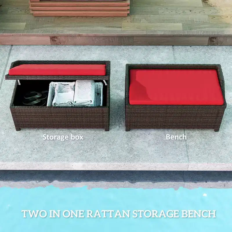 Banc de rangement extérieur en osier avec coussin