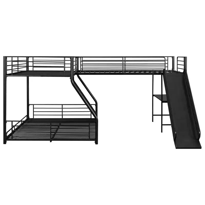 Lit superposé en métal avec lits jumeaux et grand lit, lit superposé en forme de L pour 3 enfants, lit superposé triple robuste avec bureau et toboggan, noir