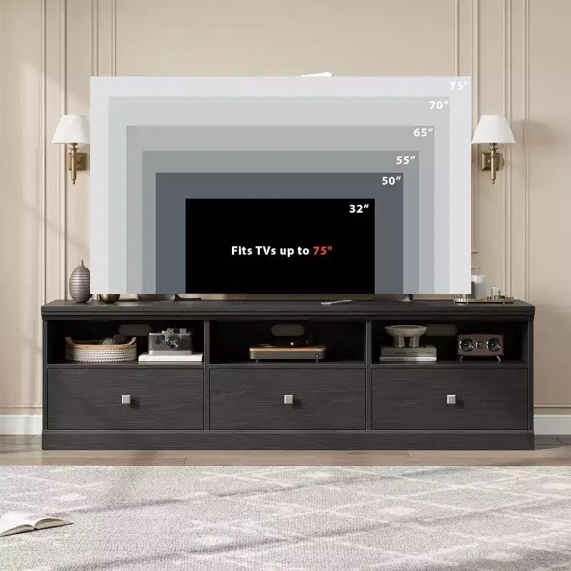 Mobile porta TV in stile modernista di metà secolo da 70 con cassetto contenitore e ripiani aperti
