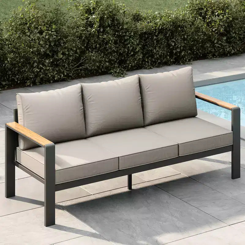 Set di mobili da patio in alluminio, divano componibile da esterno con 5 cuscini spessi, 4 braccioli e tavolino da caffè per giardino, terrazza e cortile