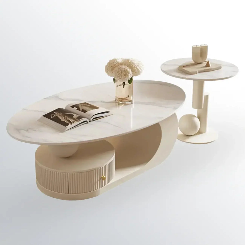 Moderne salontafel met wit stenen blad en krasbestendige afwerking