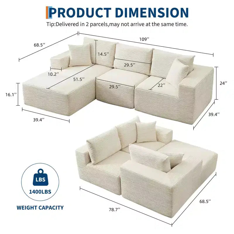 108 Modernes 3-Sitzer-Sofa, gepolstertes Sofa in L-Form mit Kissen, Sofa mit tiefer Sitzfläche, keine Montage erforderlich
