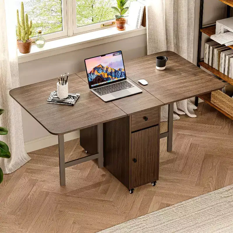 ATJafurn opklapbare eettafel van 59 inch met neerklapbare bladen voor kleine ruimtes, rechthoekige uitschuifbare houten keukentafel met wielen en opbergruimte