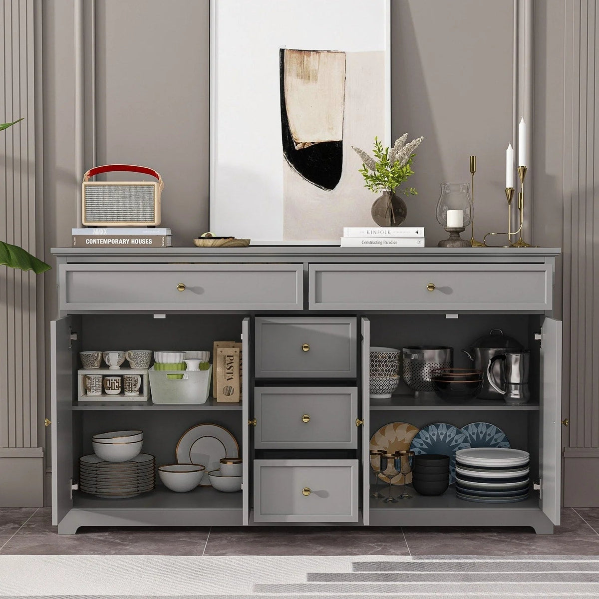 Buffet blanc à portes et tiroirs de 59.1, style moderne du milieu du siècle, laqué contemporain