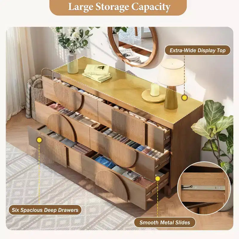 Moderne geometrische Kommode mit 6 Schubladen, breiter Stauraumschrank mit Halbkreismuster für Schlafzimmer und Wohnzimmer