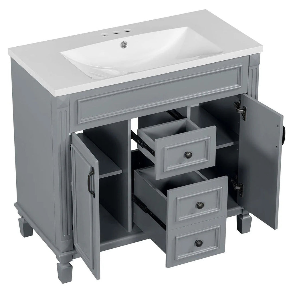 36 Modern Bathroom Vanity with Top Sink and Mirror Cabinet,2 Doors and 2 Drawers