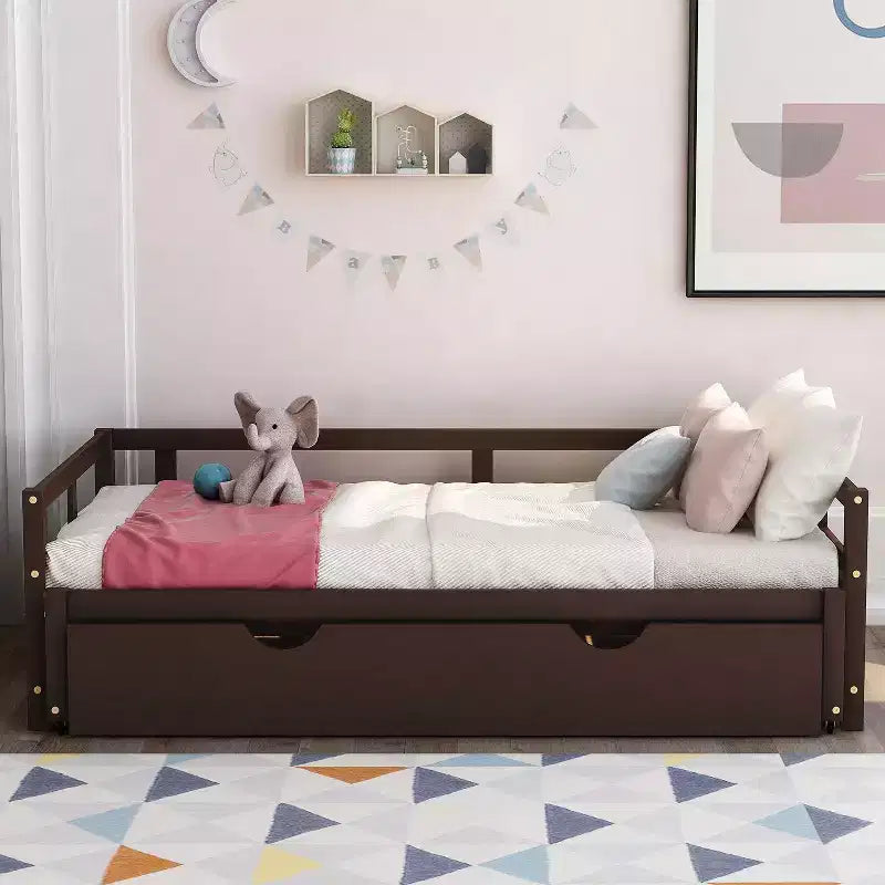 Okak Tagesbett in Einzelbettgröße mit ausziehbarem Design, Gästebett-Auszug/Schubladen und Sicherheitsgittern, Massivholz-Bettgestell für Jugendliche und Erwachsene