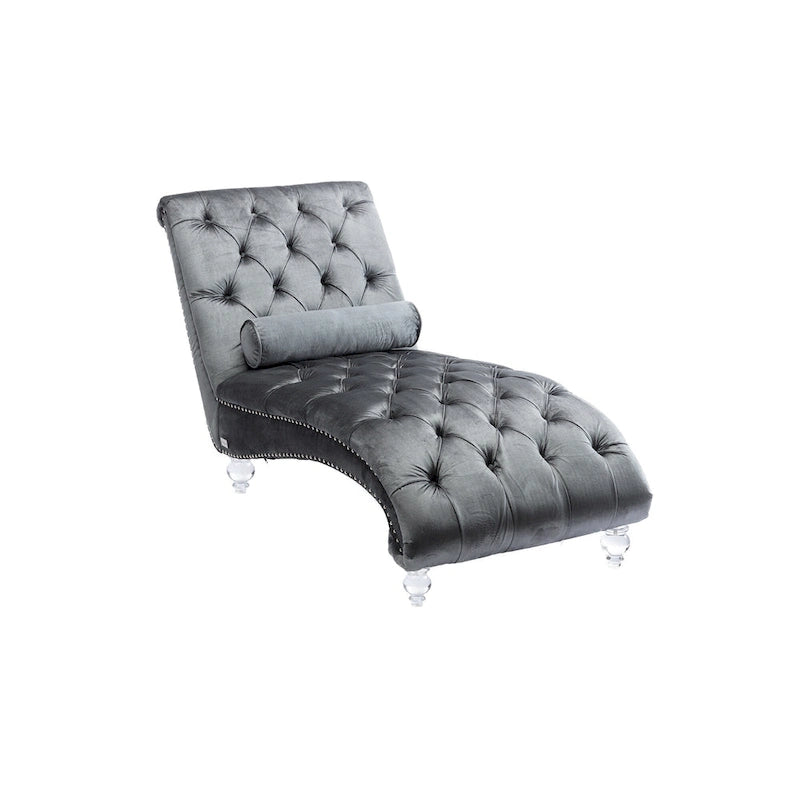 Chaise longue reclinabile imbottita in velluto con bottoni, cuscino e piedini in acrilico