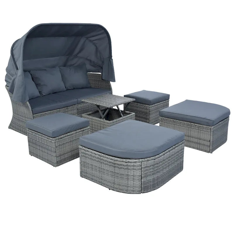 Graues Outdoor-Daybed aus Rattan mit Kissen und ausziehbarem Sonnendach