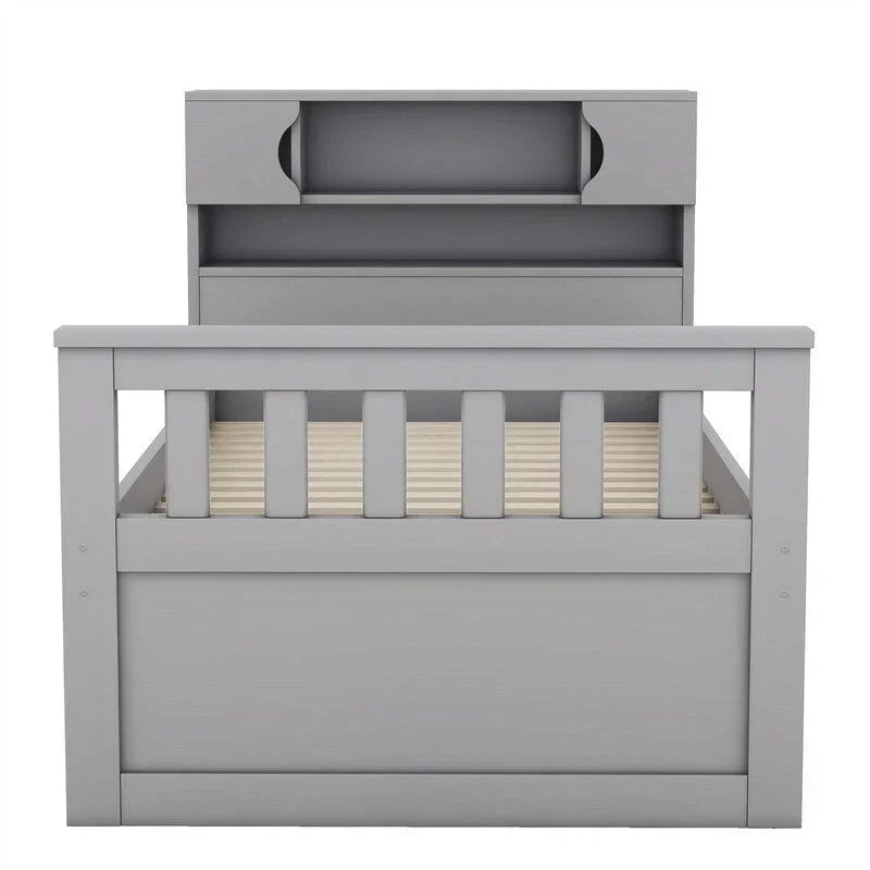 Letto a piattaforma Captain singolo/matrimoniale con 4 cassetti e ripiani contenitori, struttura in legno massello con testiera libreria contenitore
