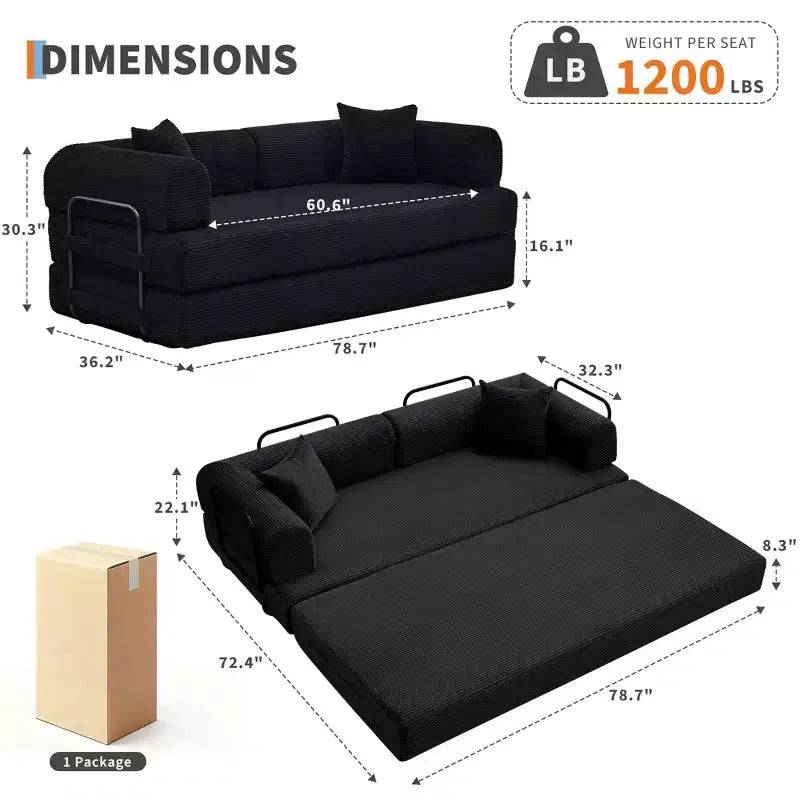Canapé-lit 4-en-1 sans structure de 78.7 en velours côtelé, causeuse futon pliable au sol avec coussins (aucun assemblage requis)