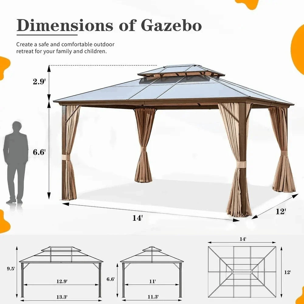EROMMY hardtop-paviljoen, pergola voor buiten met dubbel dak, netten en gordijnen, extra stevig zonnescherm voor terras, achtertuin en zwembadfeest