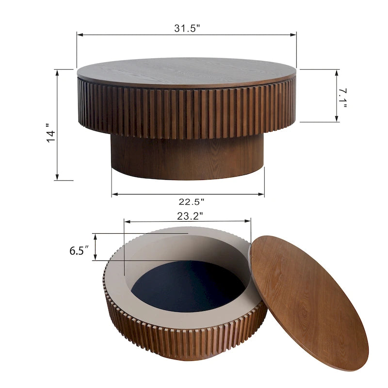 Moderne ronde salontafel van gefineerd massief hout met opbergruimte