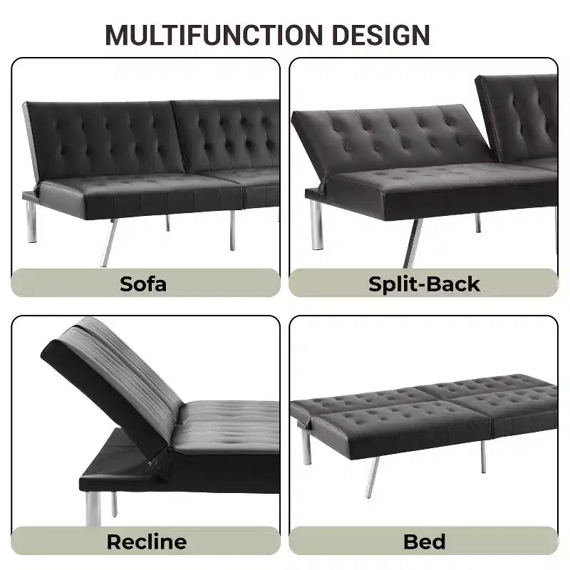 Getuftetes Futonsofa mit geteilter Rückenlehne, Schlafsofa mit verchromten Beinen