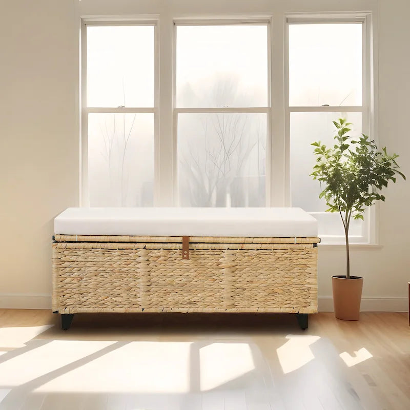 Aufbewahrungsbank aus Korbgeflecht mit Kissen für Schlafzimmer, Wohnzimmer oder Veranda - 18.5 H X 43.3 W X 18.5 D