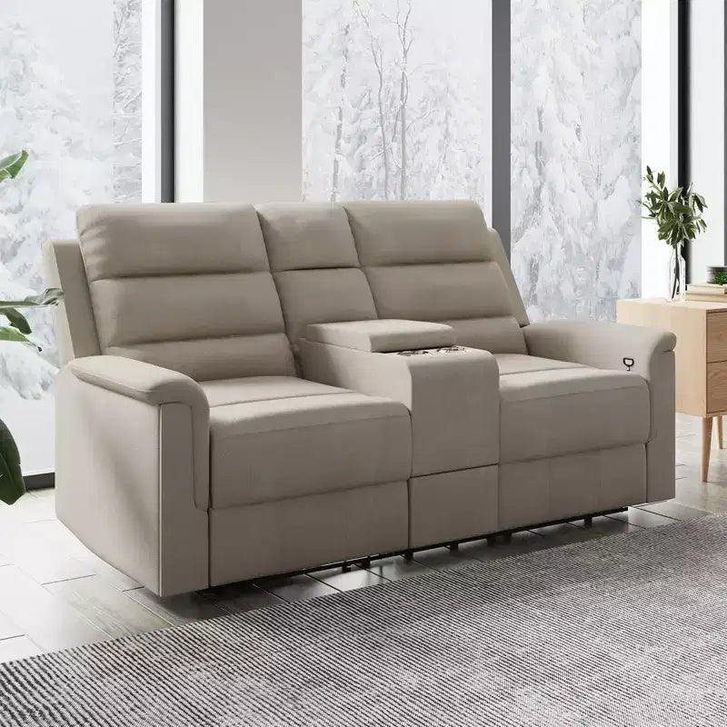 Beiges/graues Zweisitzer-Liegesofa aus Tech-Gewebe mit verstellbarer Rückenlehne und Fußstütze