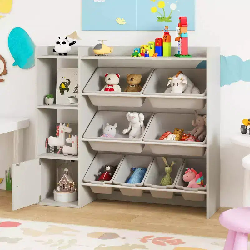 Costway Spielzeugaufbewahrung und Bücherregal für Kinder, Bücherregal aus Holz mit 4 kleinen und 4 großen Boxen, Grau/Weiß