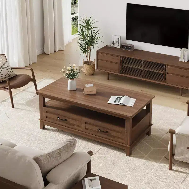 Farmhouse-Couchtisch mit Schubladen, 47.2-Zoll-Tisch im rustikalen Stil, brauner Wohnzimmertisch mit offenem Regal und 6 Stützbeinen