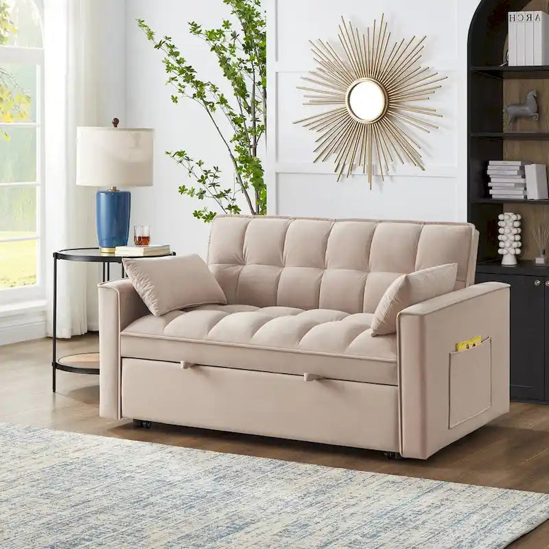 4-in-1-Zweisitzer-Schlafsofa mit Armlehnen und Aufbewahrungstaschen, multifunktionales, getuftetes Ausziehsofa mit verstellbarer Rückenlehne