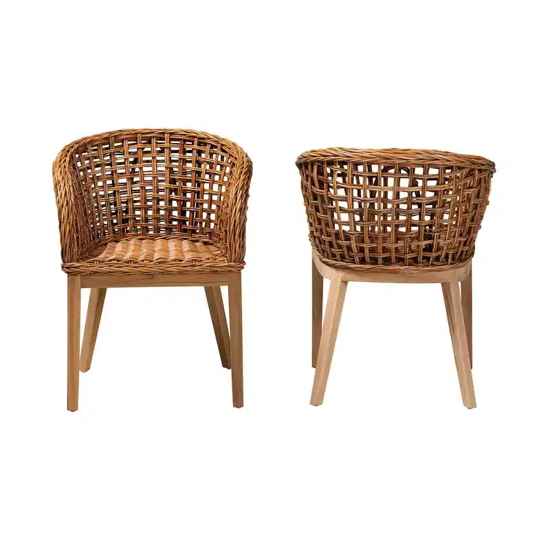 Ensemble de 2 chaises de salle à manger Mario de Bali & Pari, en teck brun naturel et rotin, style bohème moderne