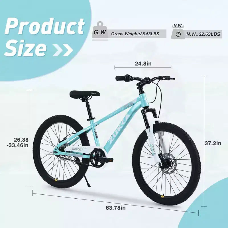 NAYSAYE 24-Zoll-Mountainbike für Kinder mit Federgabel und Stahlrahmen, für Kinder von 9 bis 12 Jahren, Cyan, 63.78*24.8*37.2