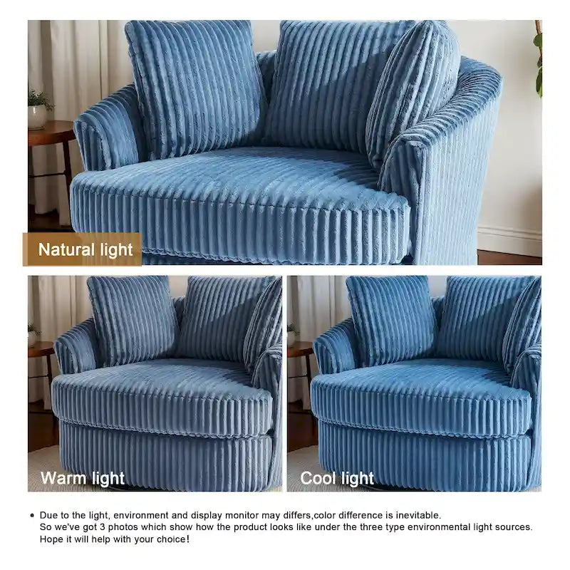 Fauteuil tonneau pivotant surdimensionné en velours côtelé moelleux, accoudoirs rentrés, 43 W