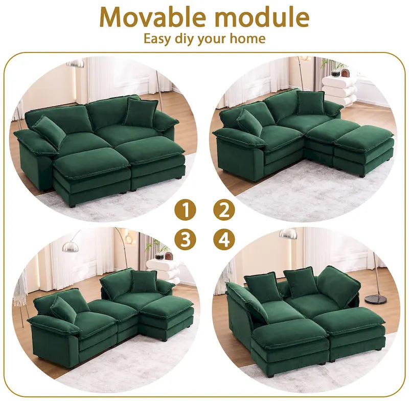 Divano a 2 posti con 2 cuscini, 2 guanciali e 2 pouf, divano comodo - Divano profondo modulare per soggiorno