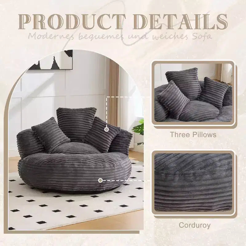 Sitzsacksofa für Erwachsene und Kinder, übergroßer Cord-Sitzsack mit 3 Kissen und Armlehnen für Wohnzimmer und Schlafzimmer - ModernLuxe