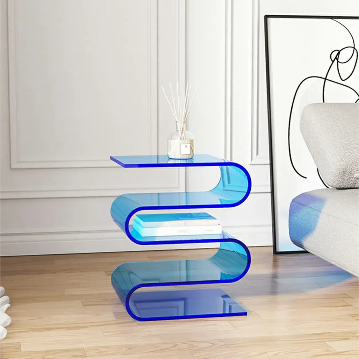 Moderner Beistelltisch aus Acryl in S-Form mit Stauraum