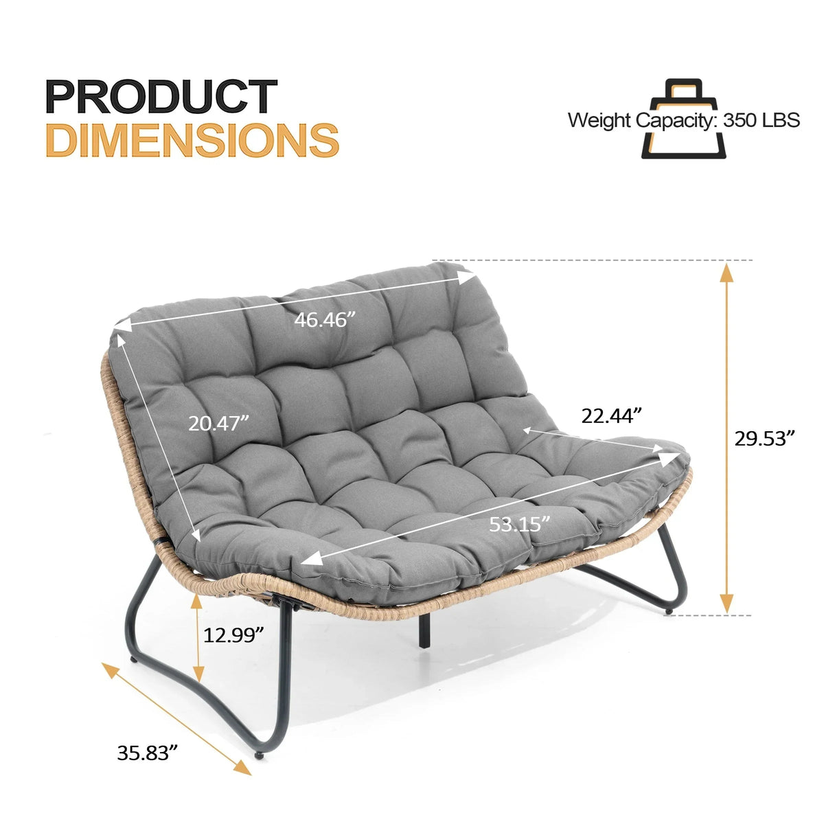 Double Papasan Chair Loveseat with Cushion, All-weather PE Rattan and Metal Frame for Indoor Outdoor