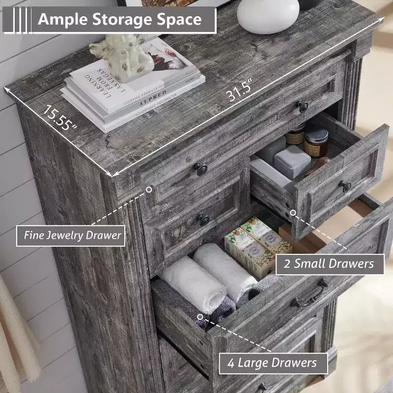 Cassettiera Mastgoal 57 in stile rustico con 7 cassetti, mobile contenitore in legno con colonna romana per camera da letto