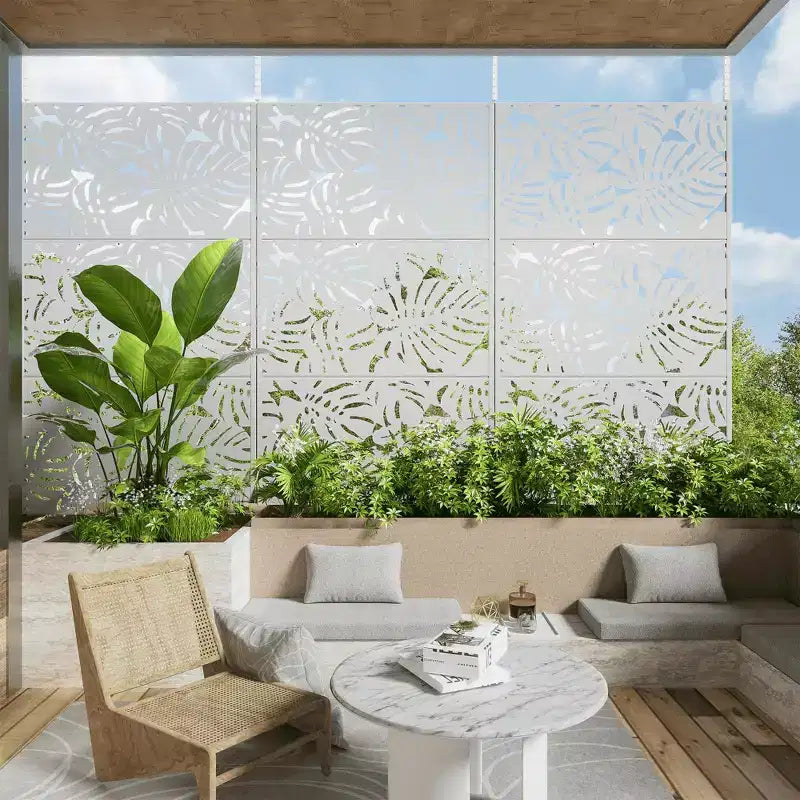 72H Raumteiler, rechteckiger freistehender Sichtschutz mit verzinktem Metallrahmen, Gartenzaun für Terrasse, weiß