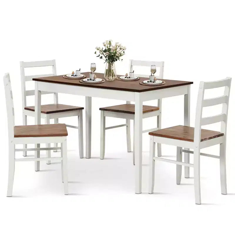 Costway 5-delige eetkamerset van massief hout, keukenmeubels met rechthoekige tafel en 4 stoelen, naturel/koffiekleur/grijs