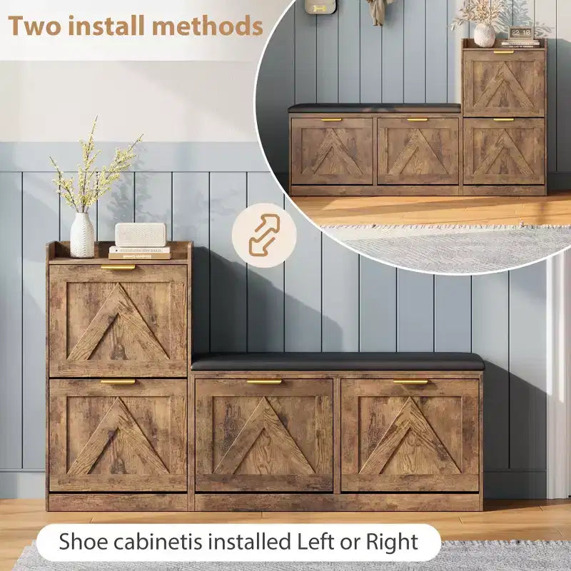 Schoenenkast in landelijke stijl met bankje, opbergmeubel voor schoenen in de hal met 4 klepkasten en comfortabele gewatteerde zitting, vrijstaand schoenenrek met bankje