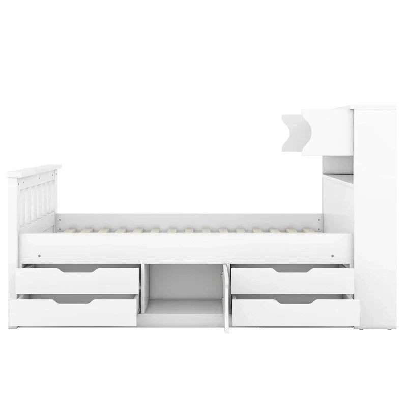 Letto a piattaforma Captain singolo/matrimoniale con 4 cassetti e ripiani contenitori, struttura in legno massello con testiera libreria contenitore