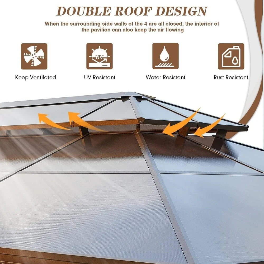 EROMMY hardtop-paviljoen, pergola voor buiten met dubbel dak, netten en gordijnen, extra stevig zonnescherm voor terras, achtertuin en zwembadfeest