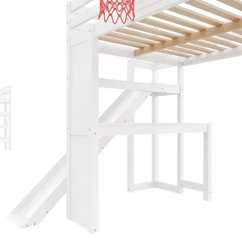 Luxystar großes Hochbett aus Holz mit Schreibtisch, Rutsche, Basketballkorb und Aufbewahrungstreppe für Kinder und Jugendliche