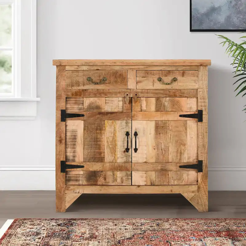 Mobile consolle in legno di mango artigianale in stile rustico, con 2 cassetti e 2 ante, largo 39 pollici, marrone rustico