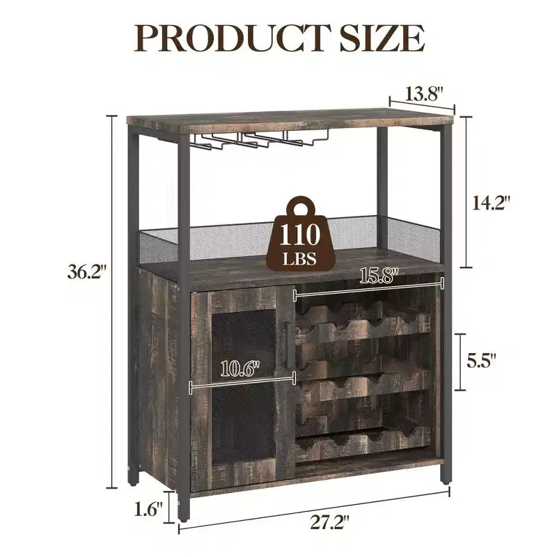 Grijze industriële wijnkast met 3 niveaus (12+ flessen) 36H x 24W x 15D, afneembaar rek, 9 glashouders en verstelbare planken voor thuis of de bar