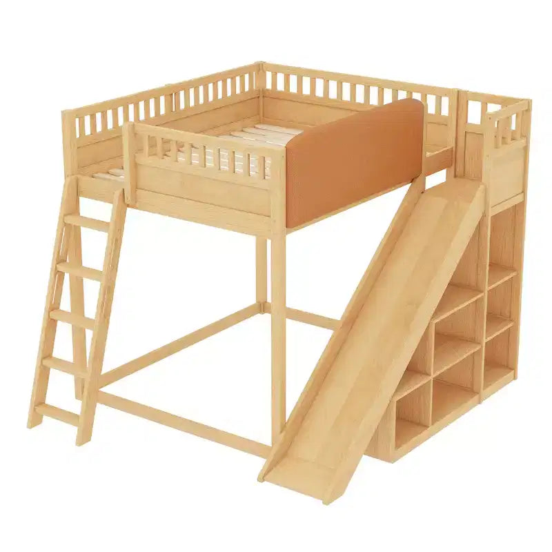 Lit mezzanine Bellemave avec tête de lit rembourrée et étagères de rangement, cadre en bois massif avec échelle et toboggan pour enfants