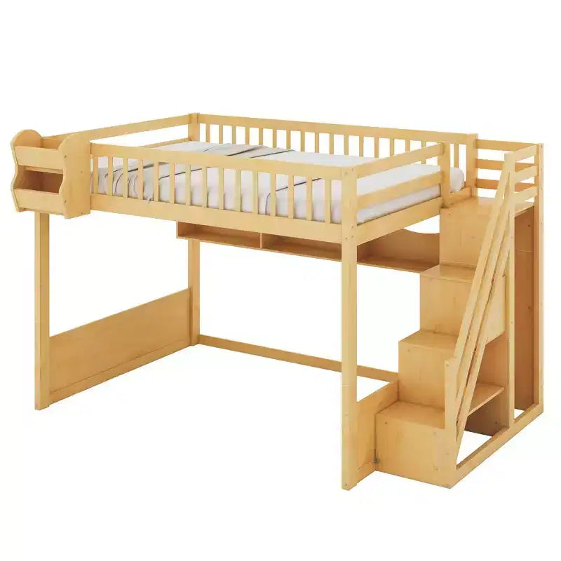 Hoogslaper voor queensize matras met trap, kledingkast en opbergplanken - MDF, 650 lb
