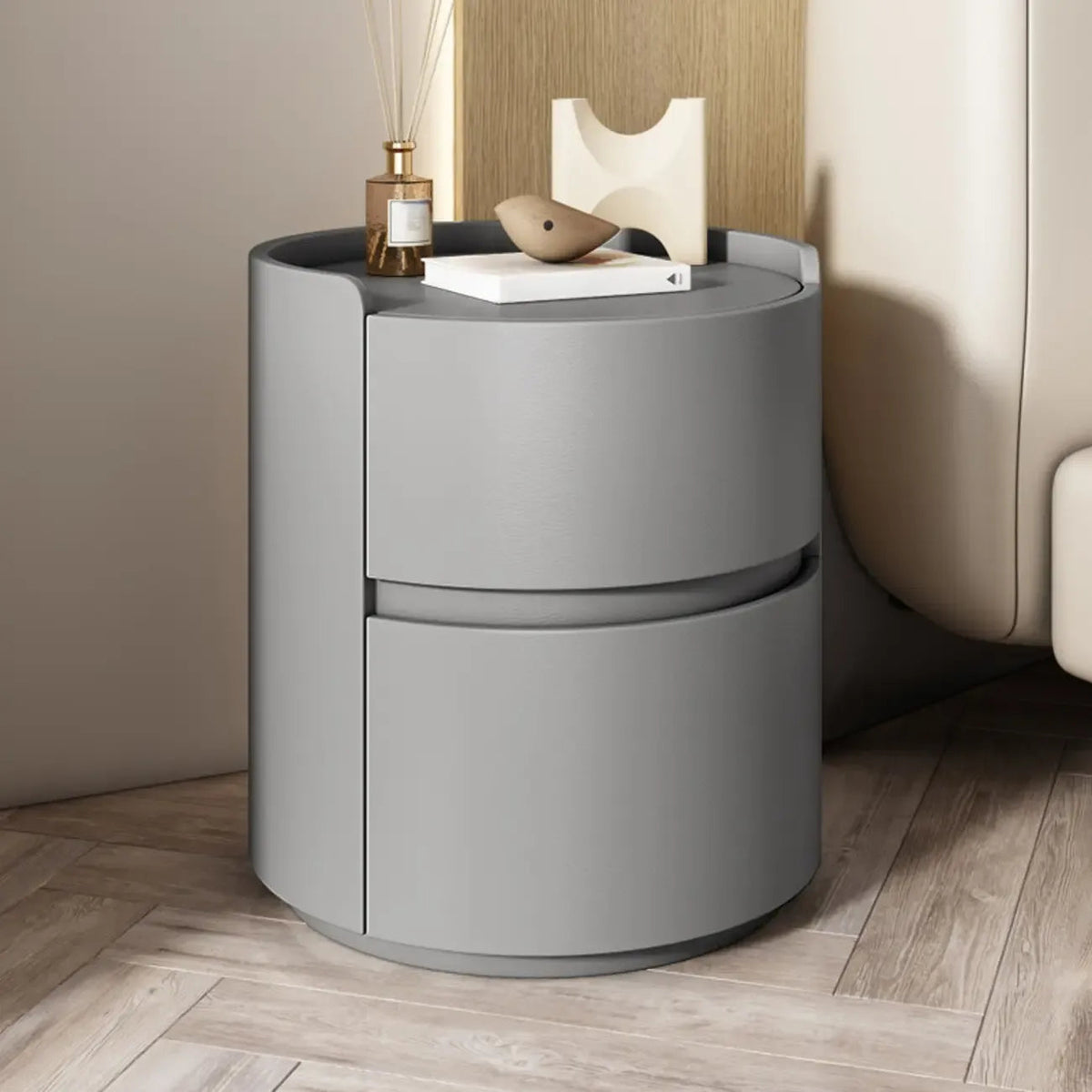 Comodino rotondo moderno con vassoio in pelle e 2 cassetti